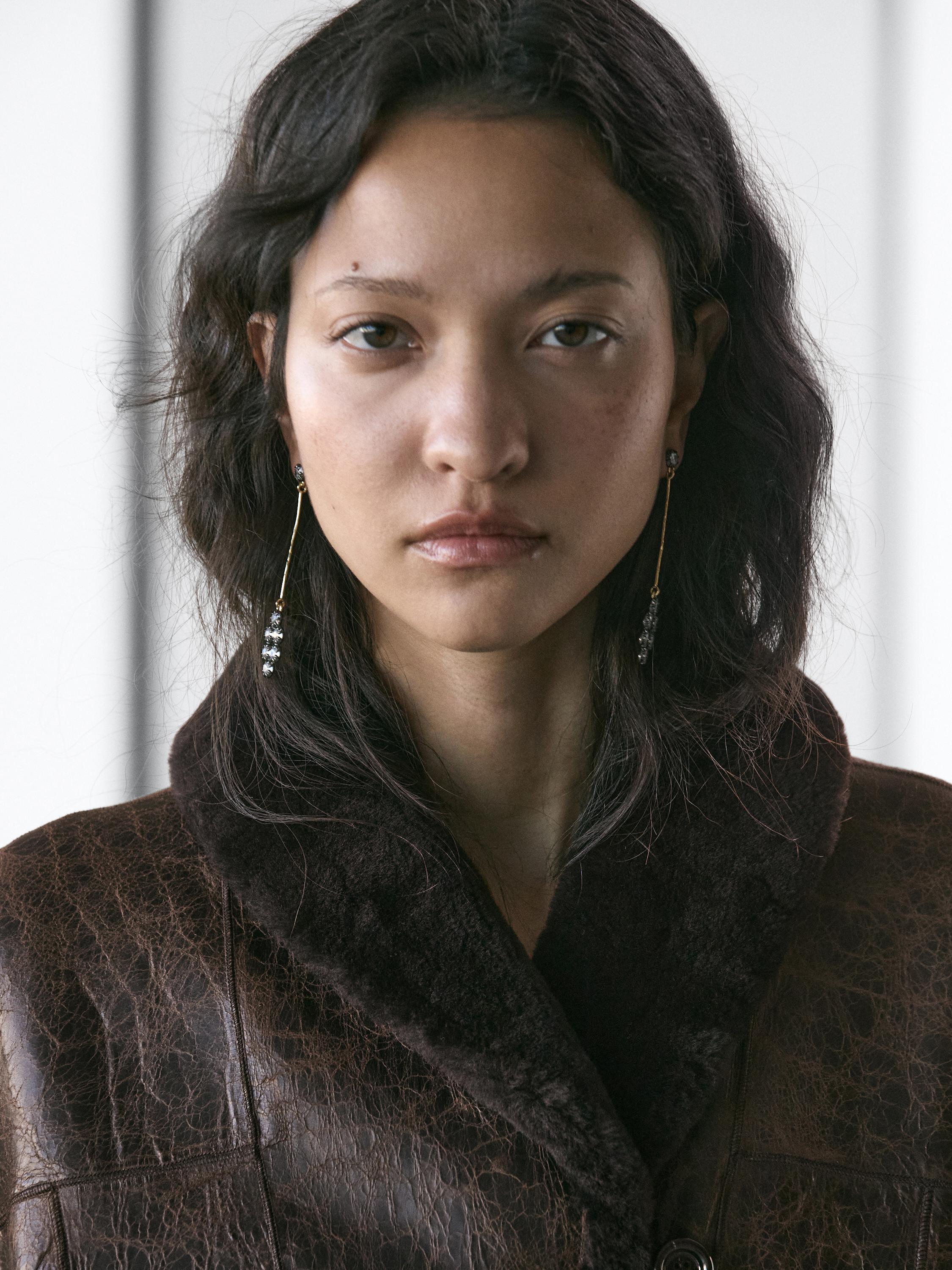 Mouton leather coat with crackled finish